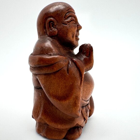 Ojime Bead Netsuke HandCarved Hotei Buddha Holding upHand Boxwood Signed No Hole - Picture 6 of 8